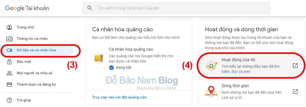 Chọn Dữ liệu và cá nhân hóa, sau đó click Hoạt động của tôi