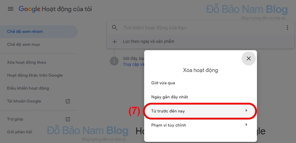 Chọn xóa hoạt động từ trước đến nay