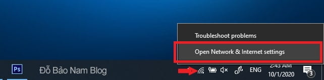 Click chuột phải biểu tượng mạng, chọn Open Network & Internet settings