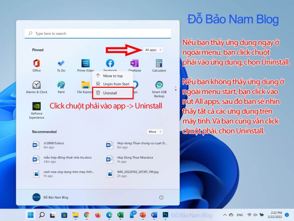 Cách 1: Cách xóa ứng dụng trên máy tính thao tác trên start menu