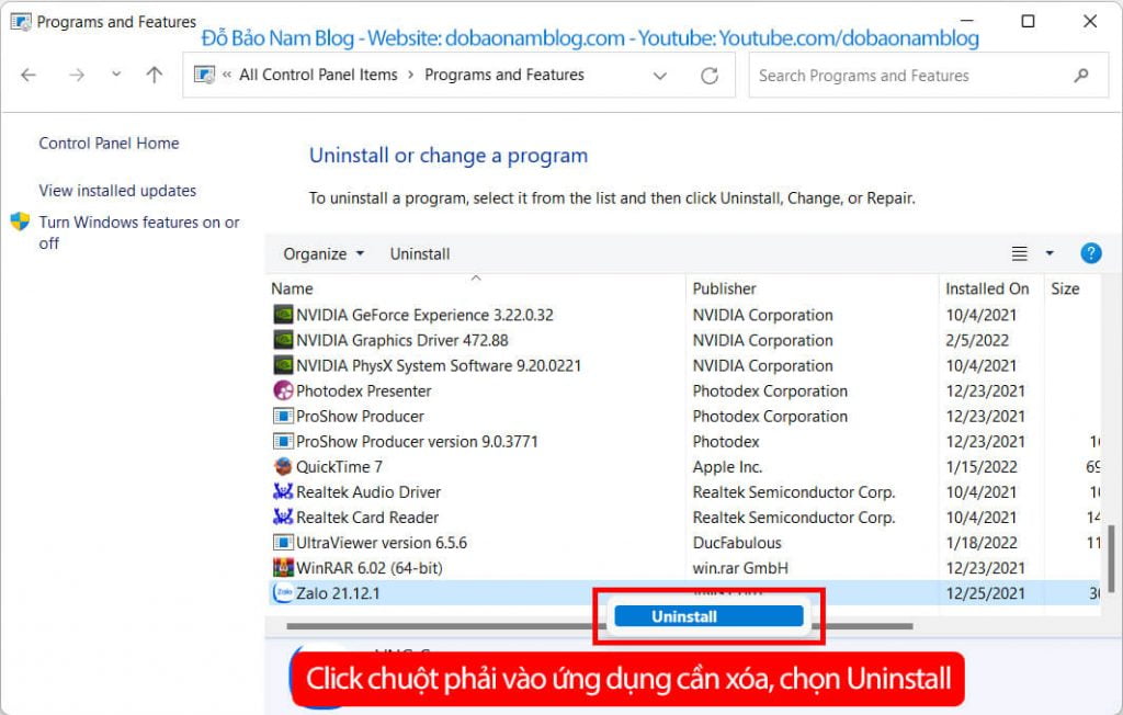 Click chuột phải vào ứng dụng, chọn Uninstall