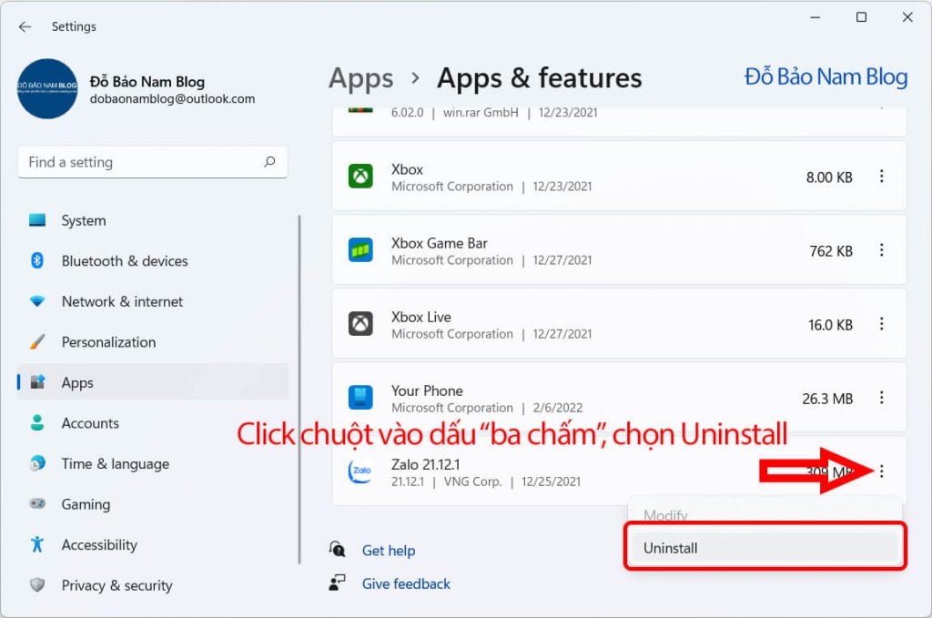 CBạn click chuột phải vào dấu "ba chấm", chọn Uninstall.