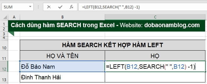 Cách sử dụng hàm Search kết hợp Left