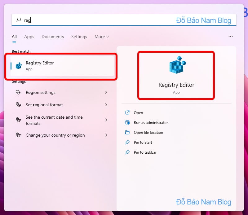 Mở Registry Editors từ thanh taskbar Windows