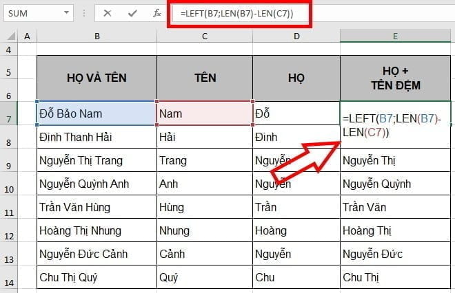 Để tách họ và tên đệm, bạn có thể sử dụng hàm Left kết hợp Len