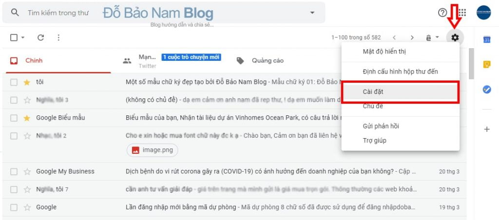 Click vào cài đặt trong Gmail để tạo chữ ký Gmail