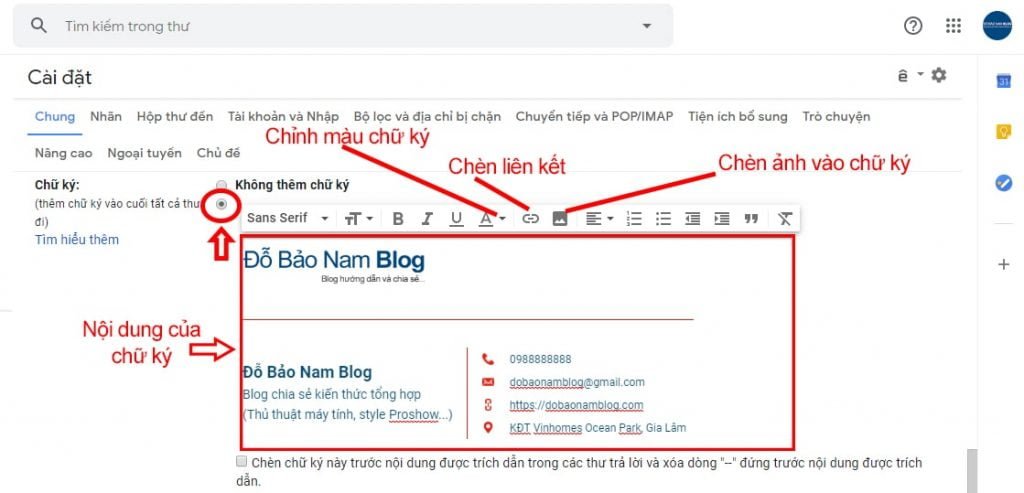 Viết nội dung cho chữ ký để tạo chữ ký Gmail