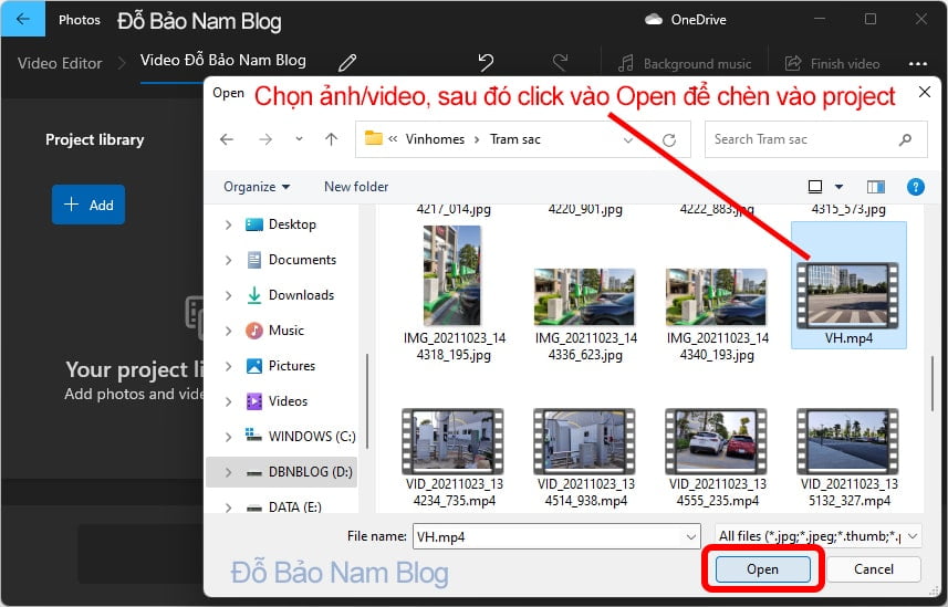 Bạn chọn video, click vào Open để chèn vào project.