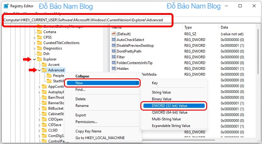 Click chuột phải vào Advanced, và chọn New - DWORD (32-bit) Value.