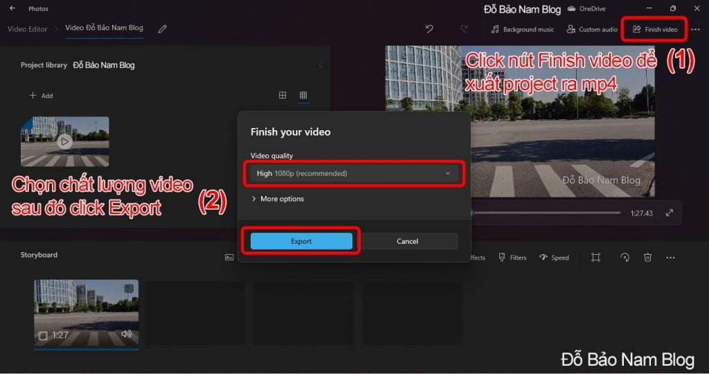 Xuất ra file video mp4 trên ứng dụng Video Editor Win 10, Win 11.